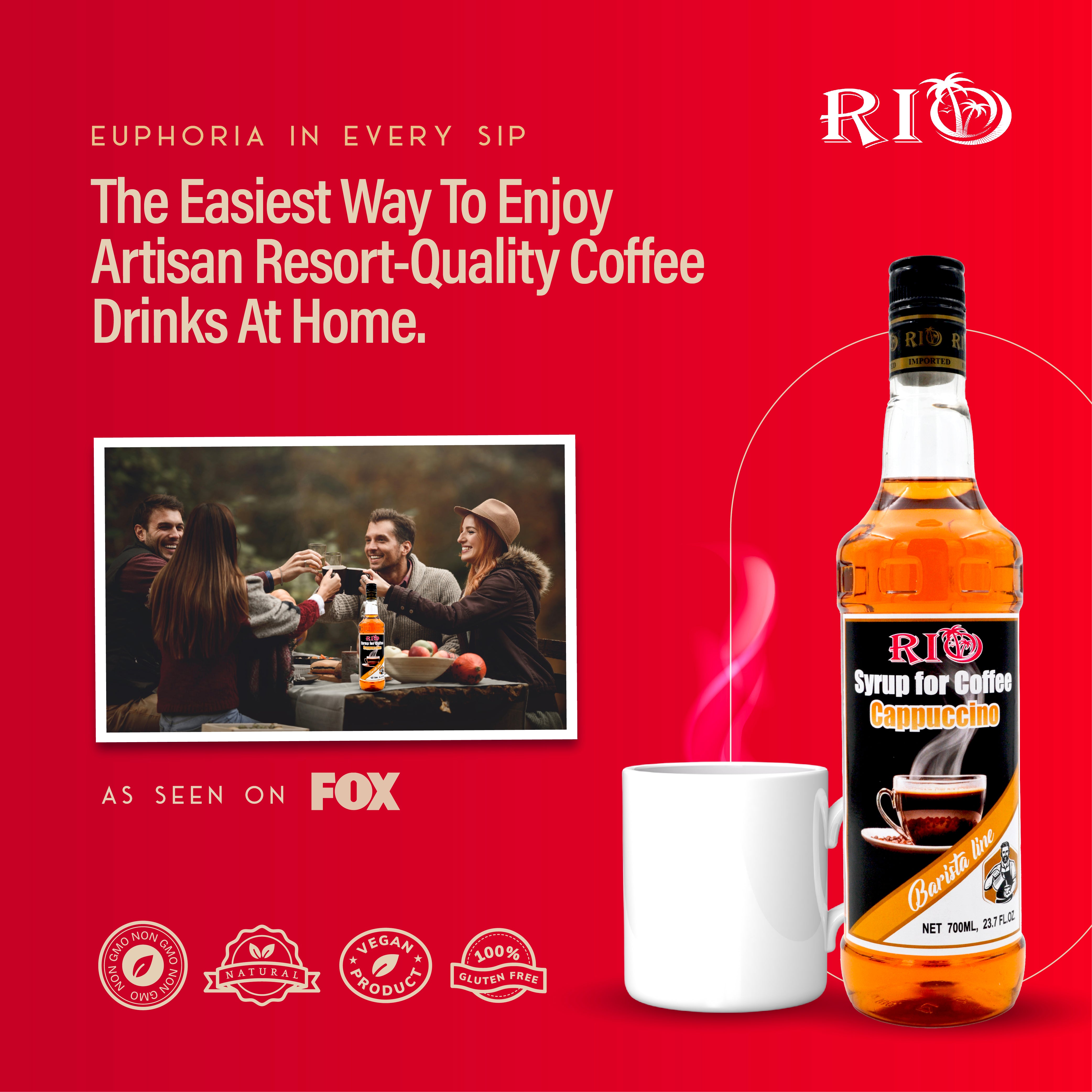 RIO Cappuccino Syrup, Barista-Grade Cappuccino Coffee Syrup for Lattes & Macchiatos, Flavoring for Hot & Iced Drinks, Non-GMO, 700ml RIO Cappuccino Syrup, Barista-Grade Cappuccino Coffee Syrup for Lattes & Macchiatos, Flavoring for Hot & Iced Drinks, Non-GMO, 700ml