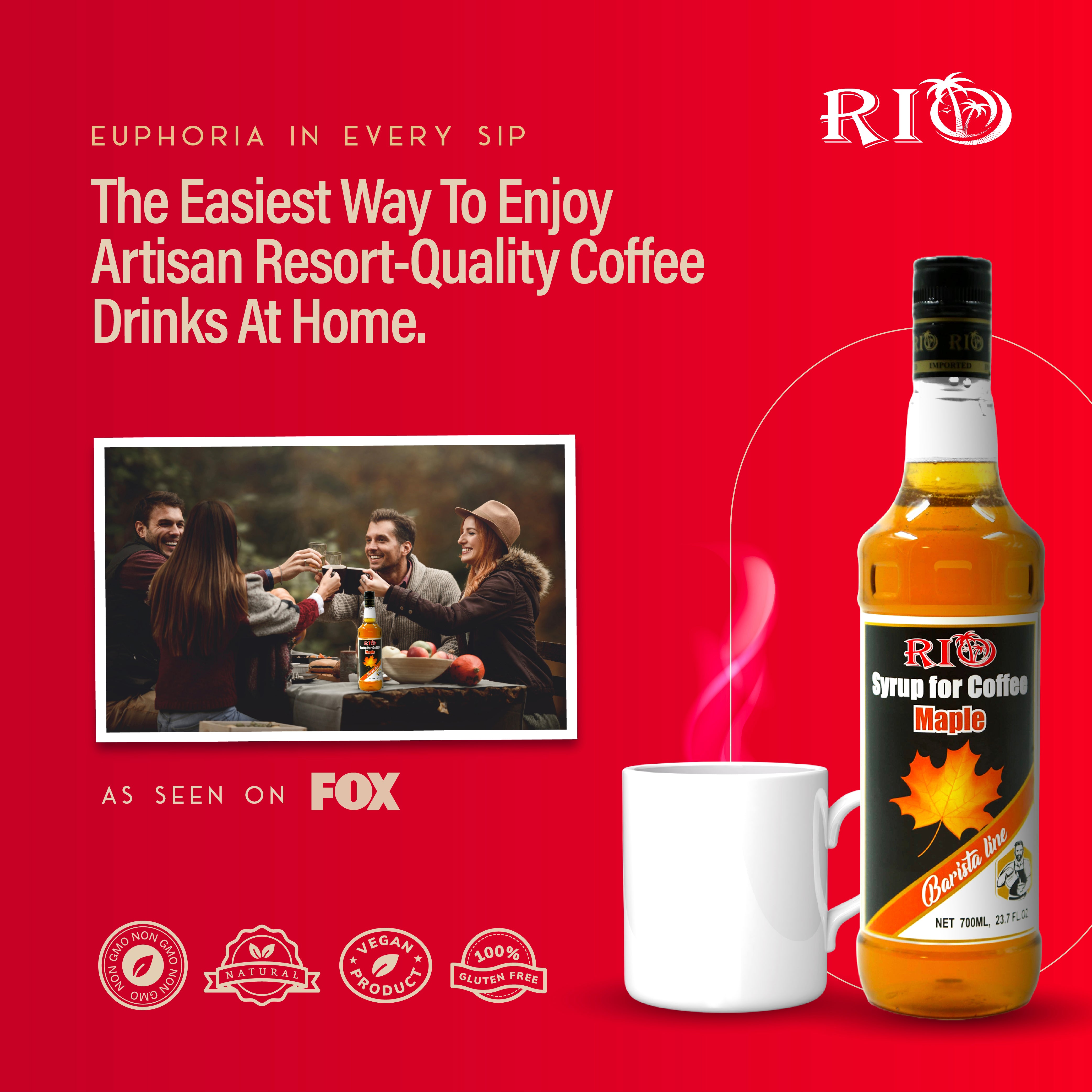 RIO Maple Coffee Syrup, Barista-Grade Maple Syrup For Coffee for Lattes & Macchiatos, Flavoring for Hot & Iced Drinks, Non-GMO, 700ml RIO Maple Coffee Syrup, Barista-Grade Maple Syrup For Coffee for Lattes & Macchiatos, Flavoring for Hot & Iced Drinks, Non-GMO, 700ml