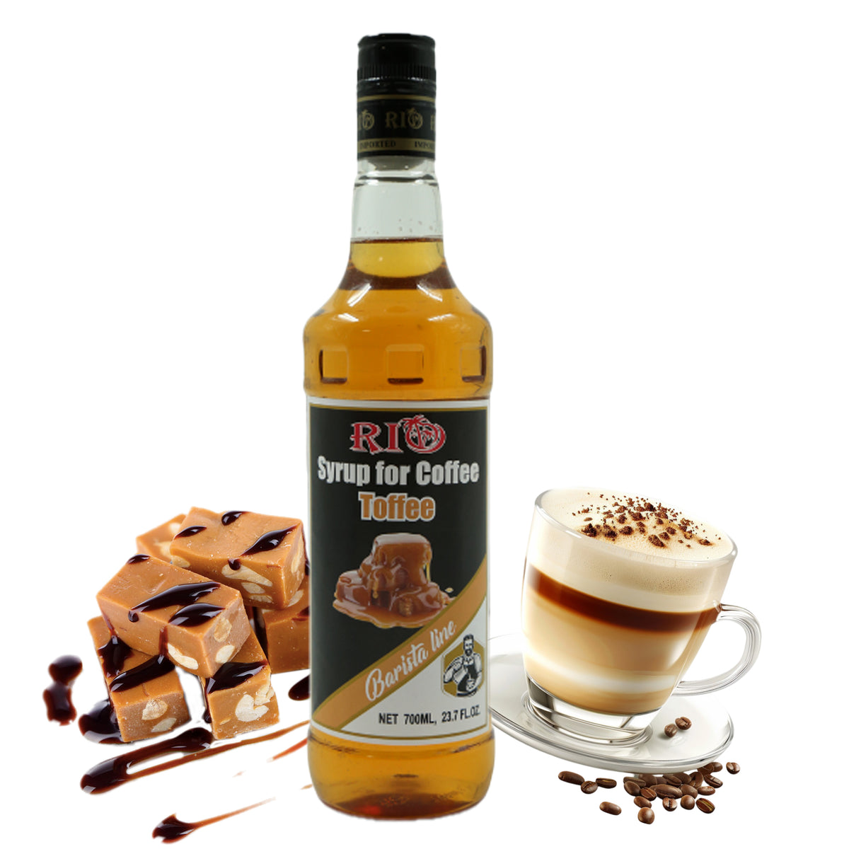 RIO Toffee Syrup, Barista-Grade Toffee Coffee Syrup for Lattes & Macchiatos, Flavoring for Hot & Iced Drinks, Non-GMO, 700ml