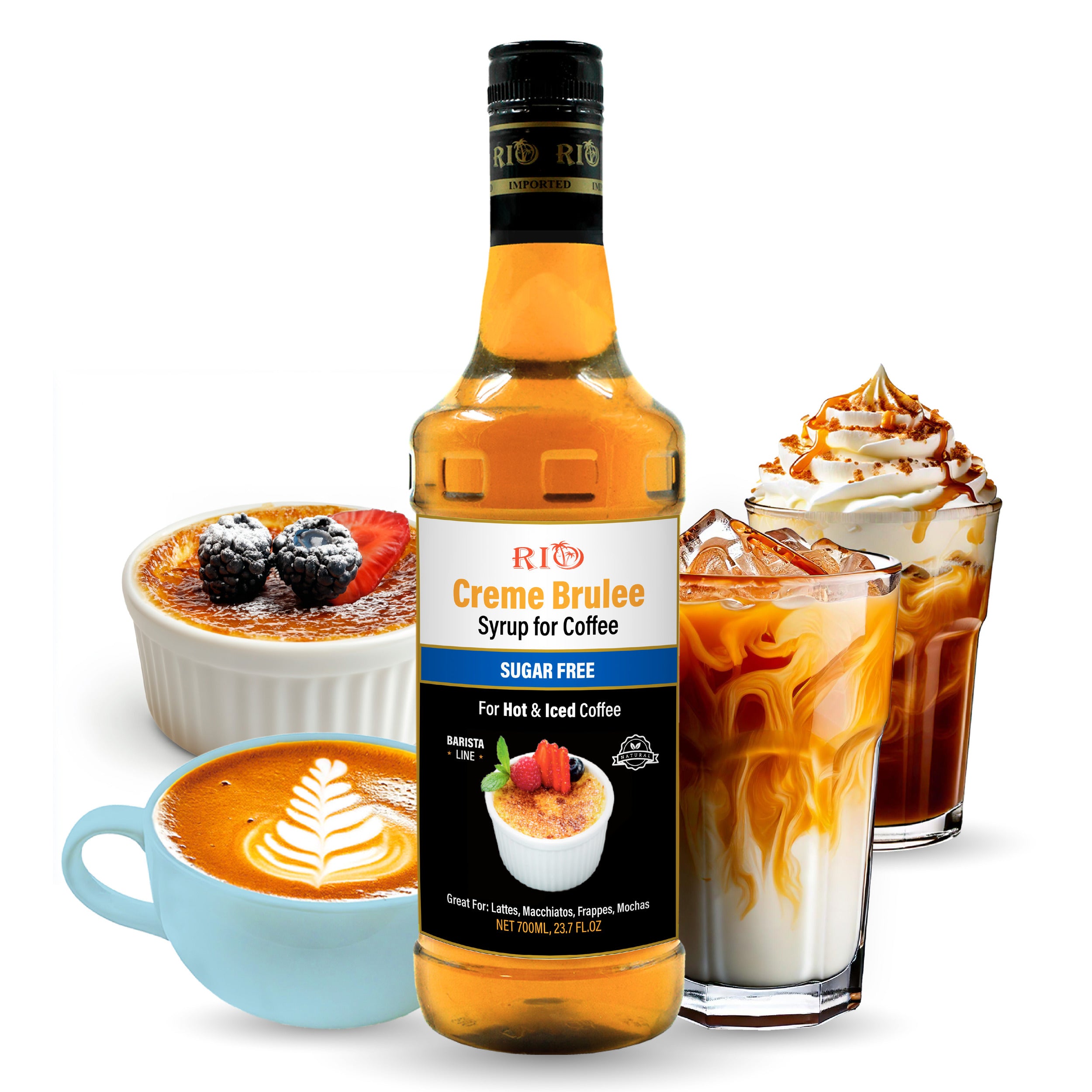 Bottle of RIO Creme Brèlee syrup for coffee with a dessert and drinks on a white background