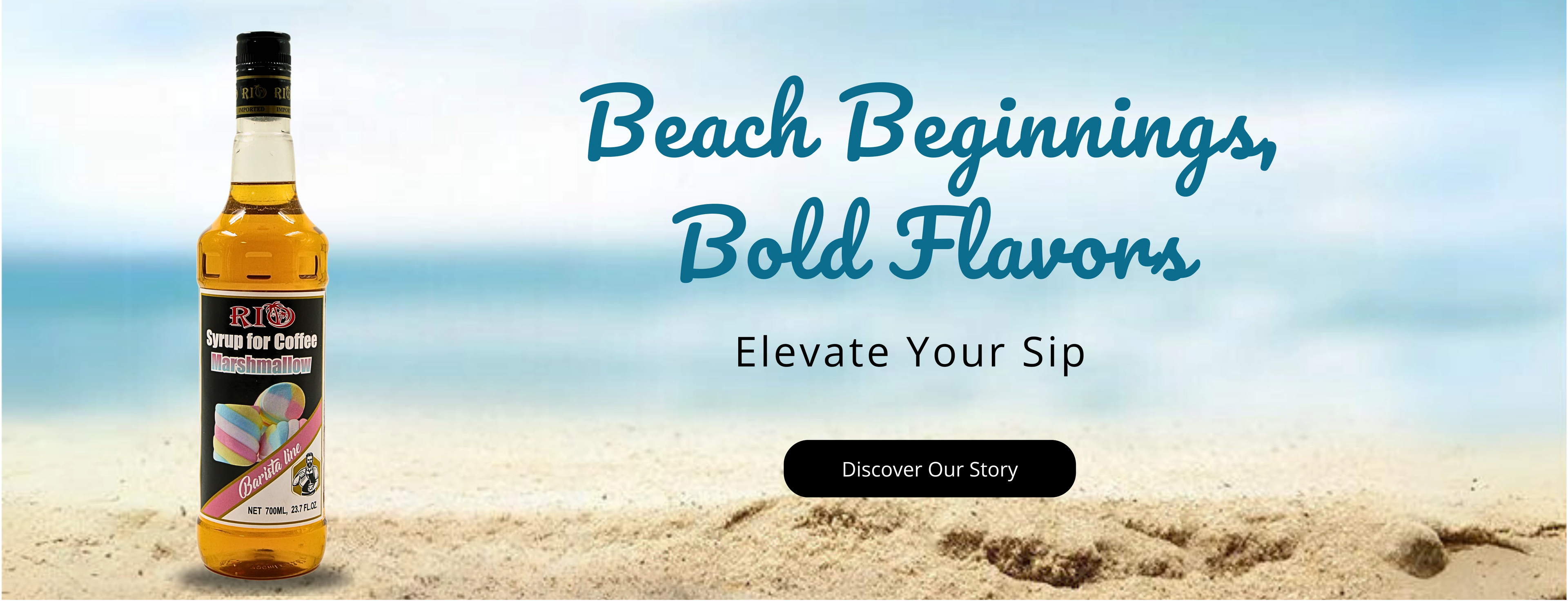 Rio Marshmallow Syrup for Coffee that says Beach Beginnings, Bold Flavors