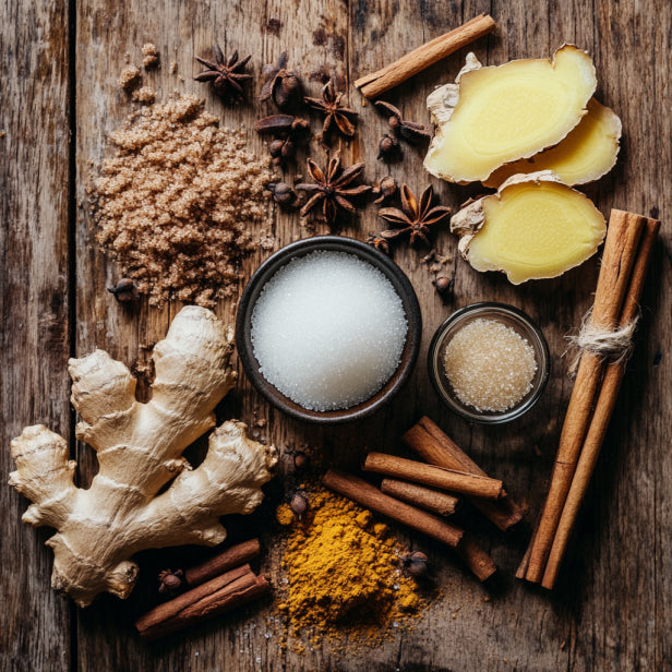 ginger bread syrup ingredients including ginger root, cinnamon sticks, cloves, and sugar