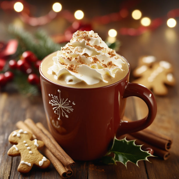 Gingerbread Syrup Latte topped with whipped cream and a sprinkle of cinnamon, resting on a rustic wooden table.