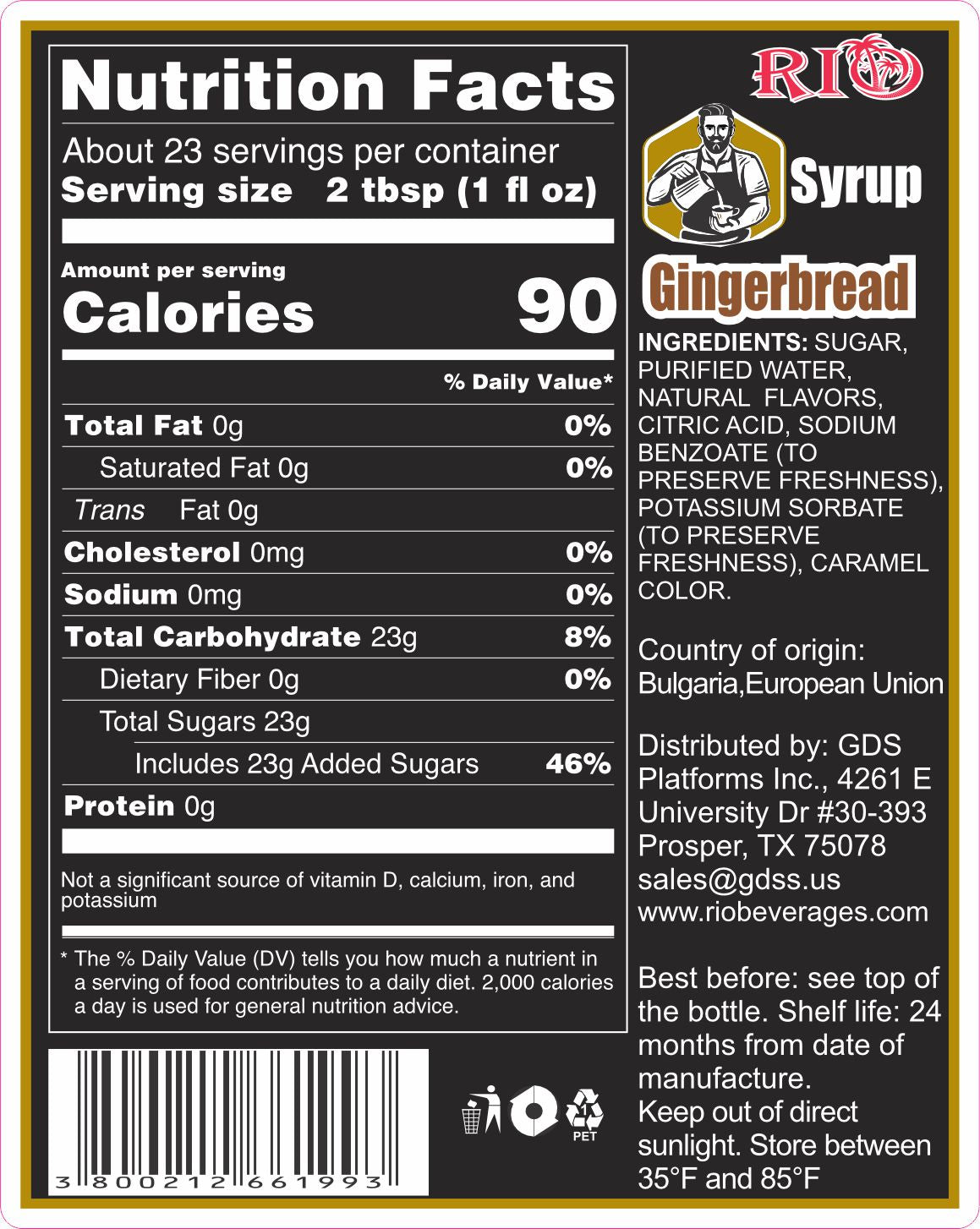 Nutrition facts label for RIO Gingerbread Syrup for Coffee, detailing calories, fats, sugars, and other essential nutrients.