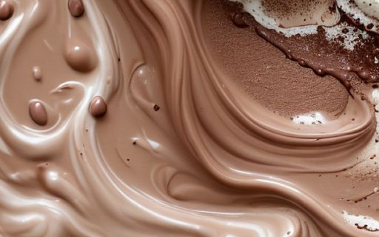 Melted milk and white chocolate show creamy, smooth textures with tiny bubbles and streaks blending. Capturing the delectable allure of chocolate in various shades of brown and white.