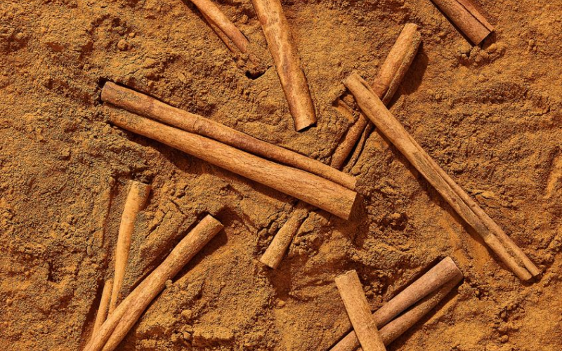 several whole cinnamon sticks scattered on a surface coated with ground cinnamon, creating a textured and aromatic visual appeal.