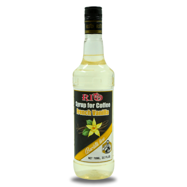 A 700ml bottle of Rio syrup for coffee with a French Vanilla flavor. The clear bottle has a black label featuring an image of vanilla flowers and beans.