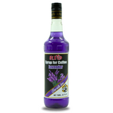 A 700ml bottle of Rio lavender-flavored syrup for coffee. The bottle contains a purple liquid and has a black label with the image of lavender flowers. Rio Syrup for Coffee Lavender