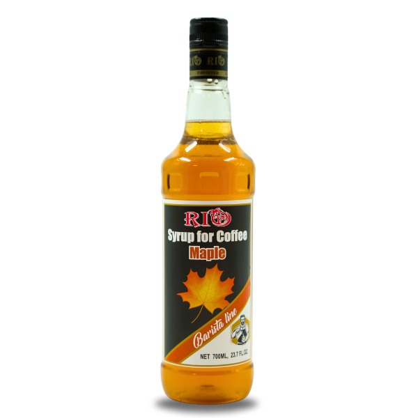 A bottle of RIO Syrup for Coffee, Maple flavor. Showing the amber-colored syrup inside. The front label displays a maple leaf graphic, the flavor description, and the words "Barista line." The bottle size is 700ml